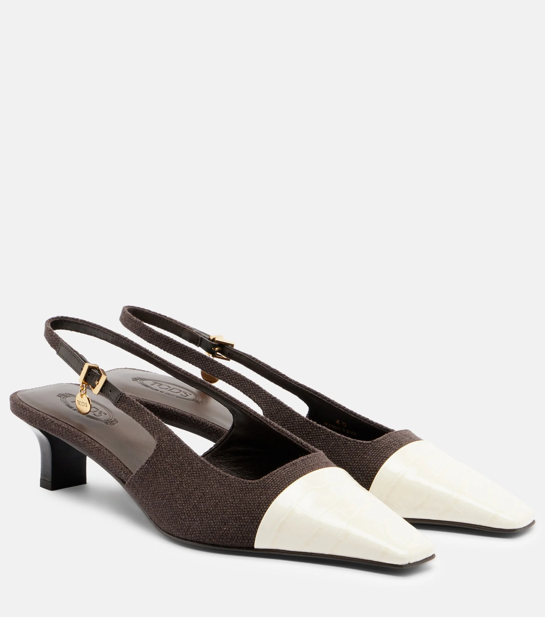 Leather-trimmed canvas slingback pumps - 1