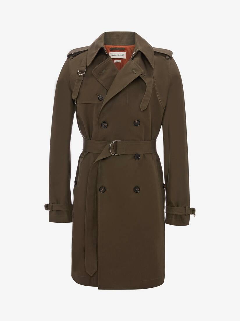 Men's Mcqueen Classic Harness Trench Coat in Khaki Green - 1