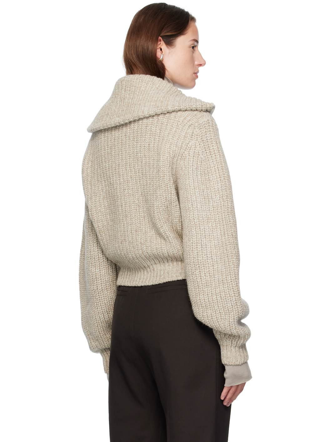 Beige Zipped Cardigan Sweater - 3