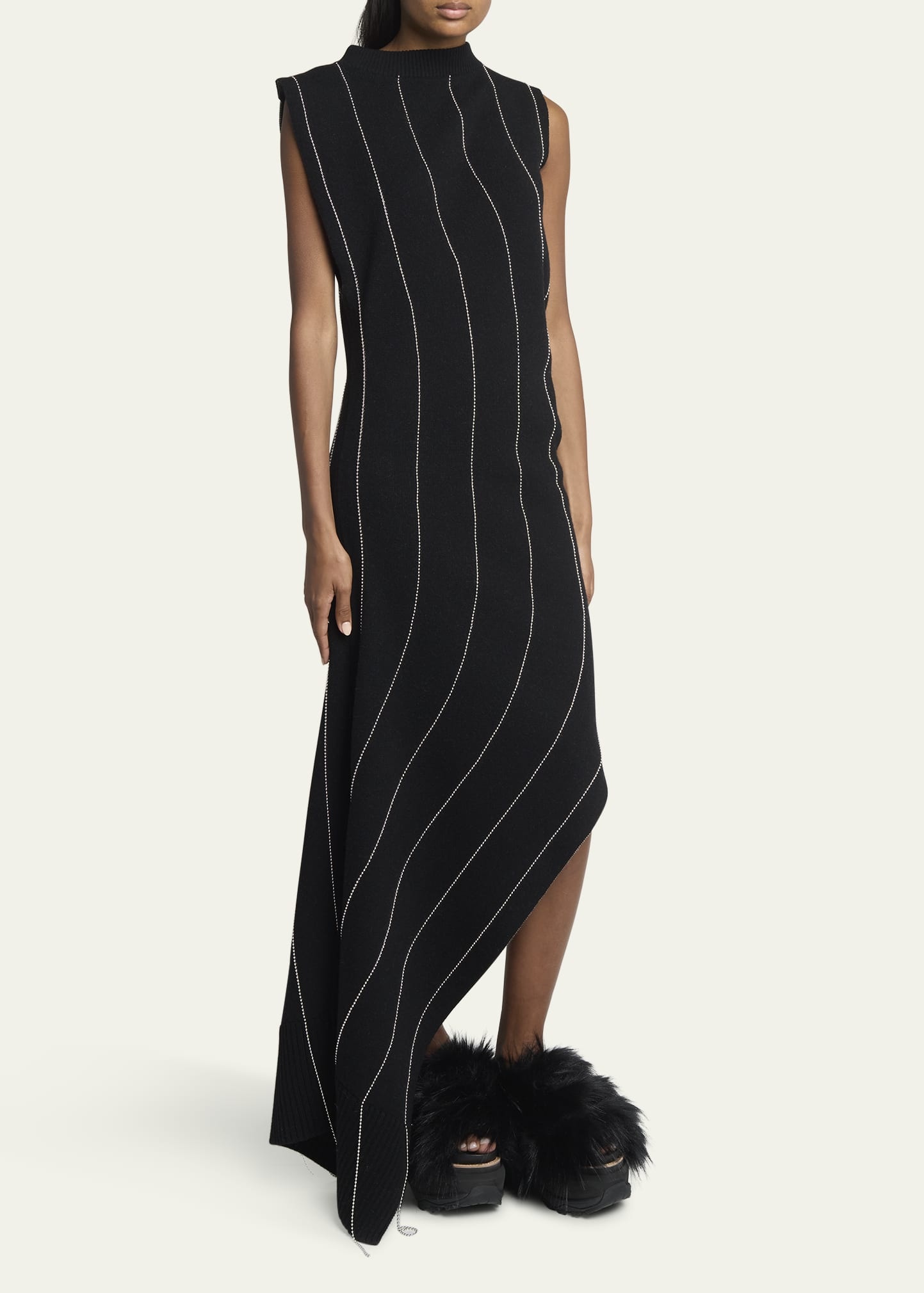 Long Chalk Stripe Knit Asymmetric Dress - 4