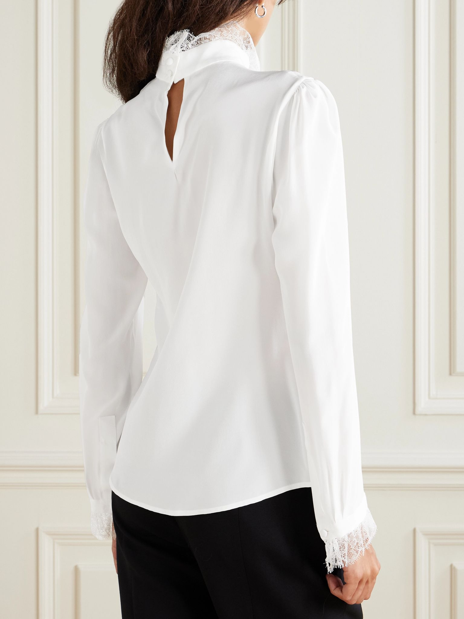Ruffled lace-trimmed silk crepe de chine blouse Ivory - 4