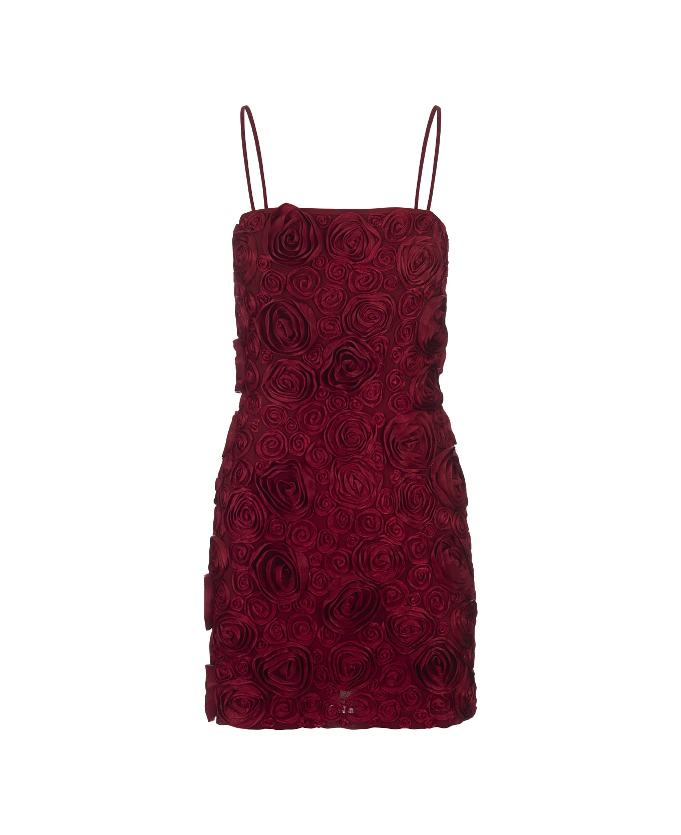 Red Slip Dress With 3d Rose Embroidery - 1