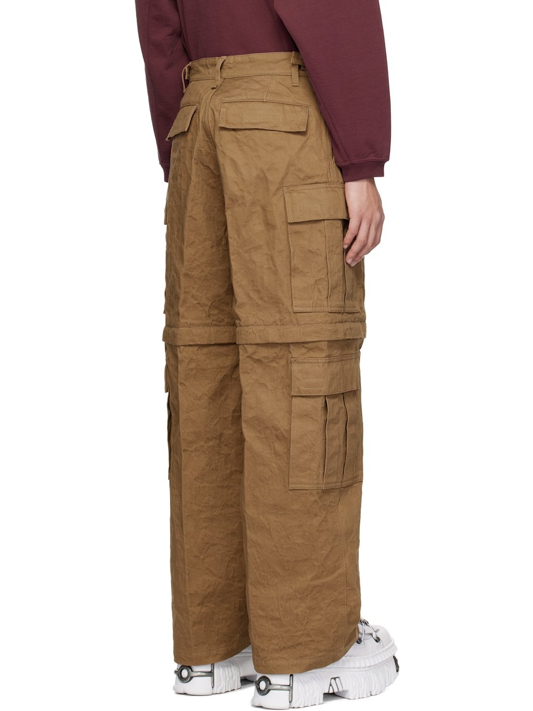 Beige Metalized Wrinkled Cargo Pants - 3