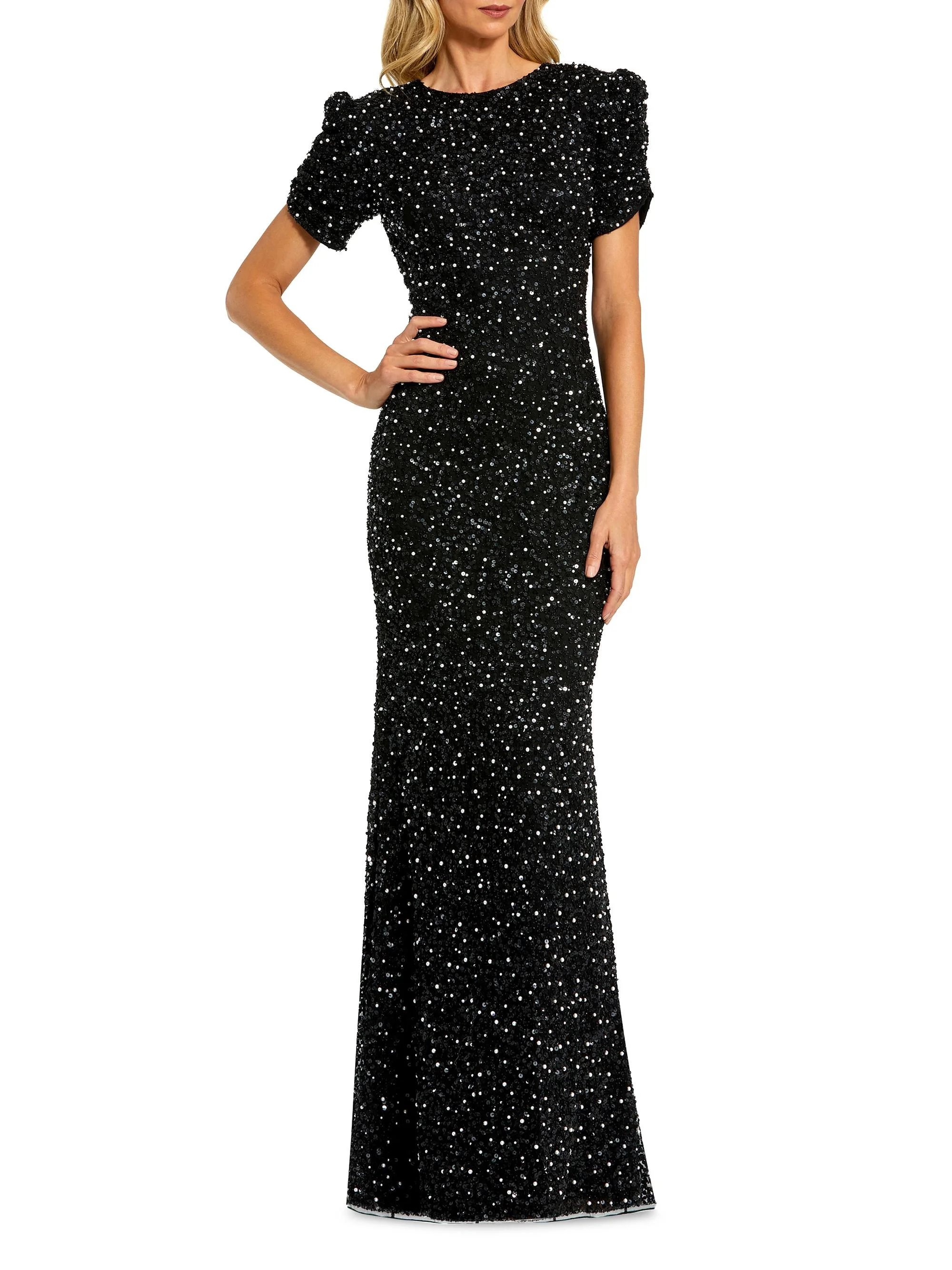 Women's Beaded Short-Sleeve Gown - Black - 1