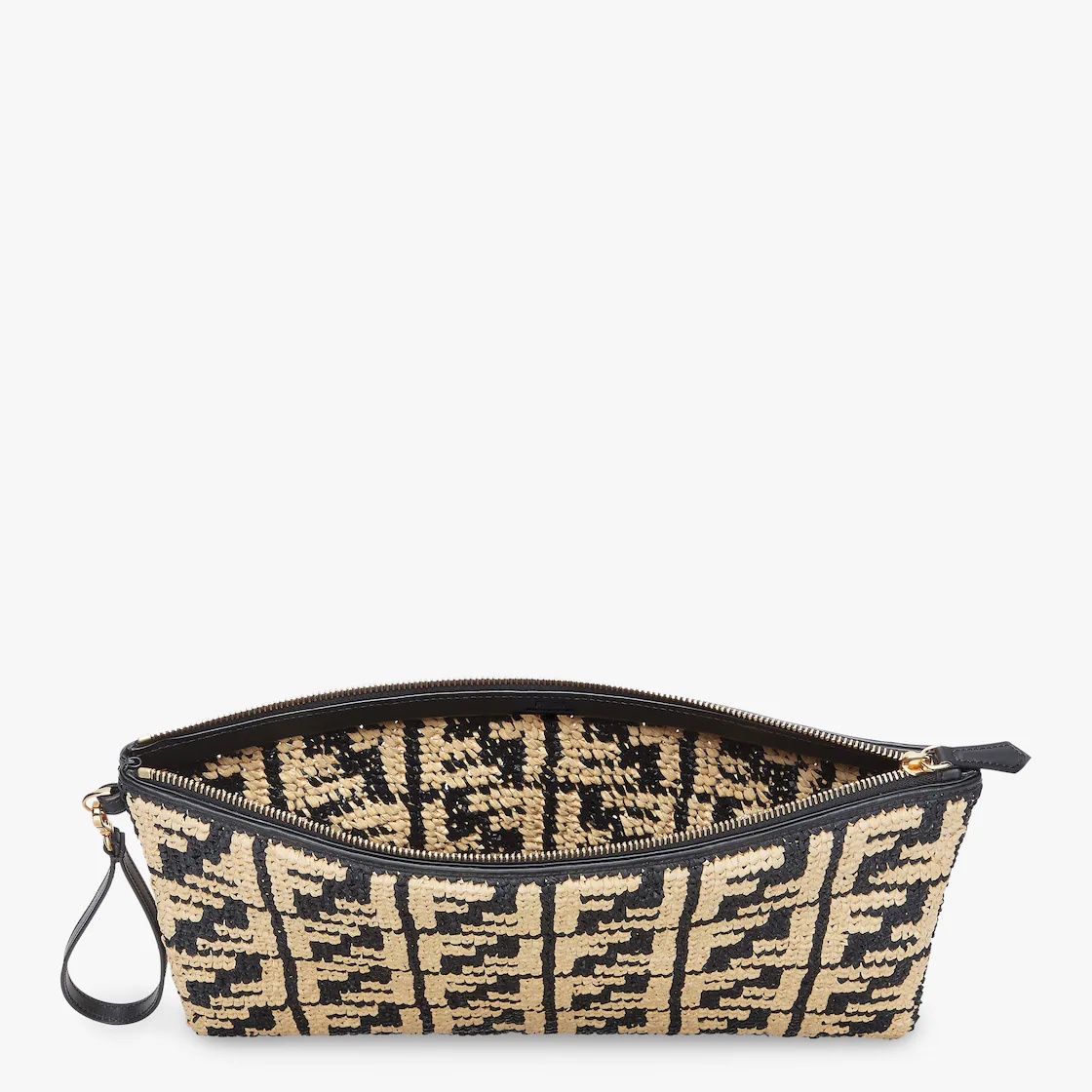 Large pouch with removable bracelet handle. Zip fastening. Made of crocheted natural-colored and bla - 3