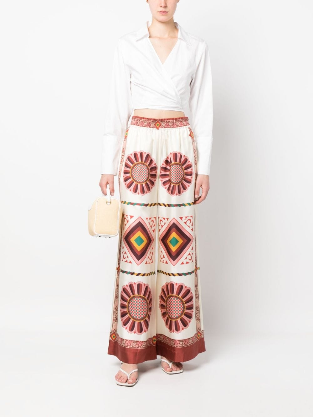 tile-print silk palazzo trousers - 2