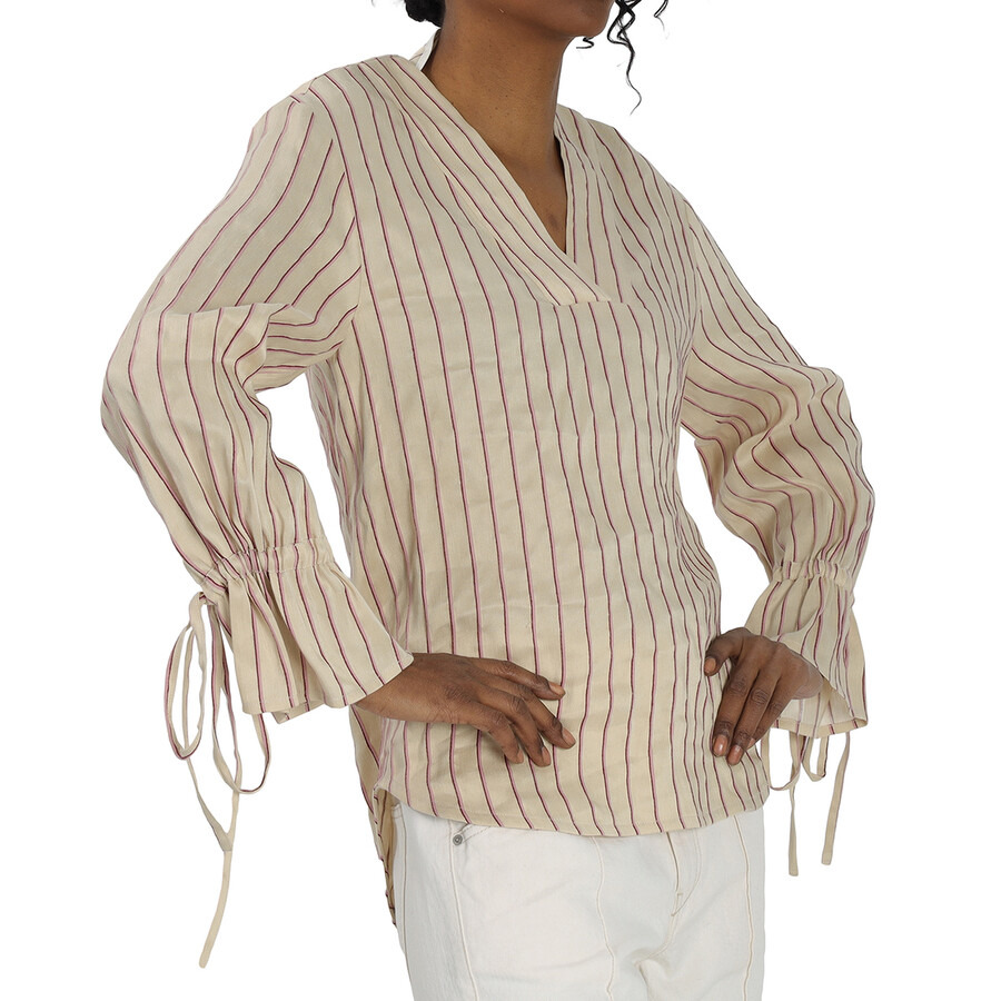 Benjamin Benmoyal - Benjamin Benmoyal Ladies Beige Stiped Linen V Collar Shirt - 4