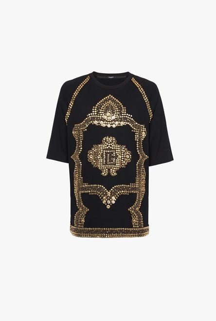 Oversized black cotton T-shirt with gold-tone studded embroidery - 1