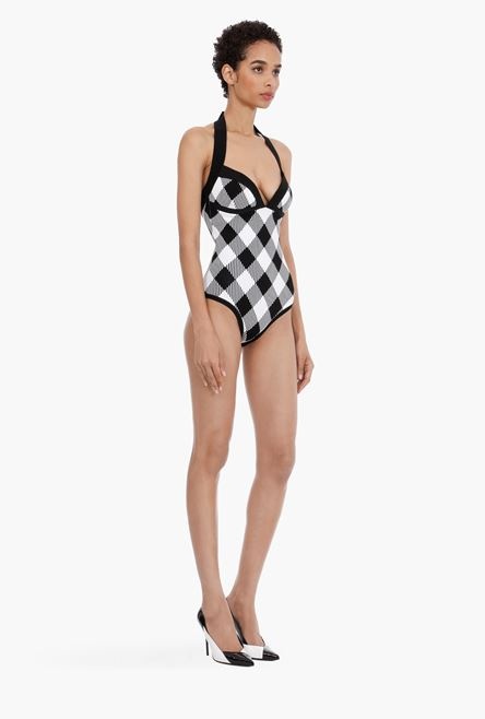 Black and white gingham-print knit bodysuit - 7