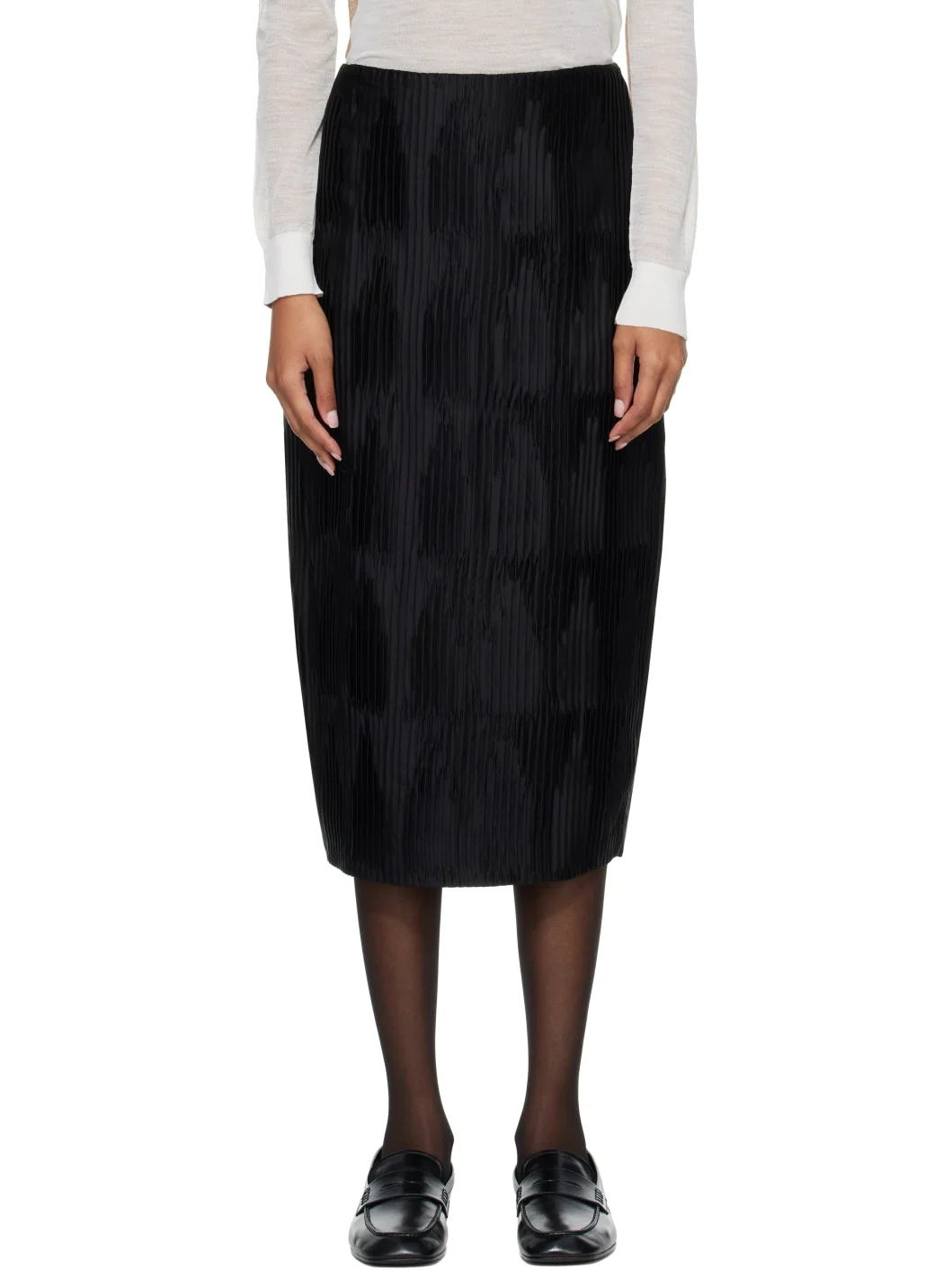 Black Plissé Satin Midi Skirt - 1