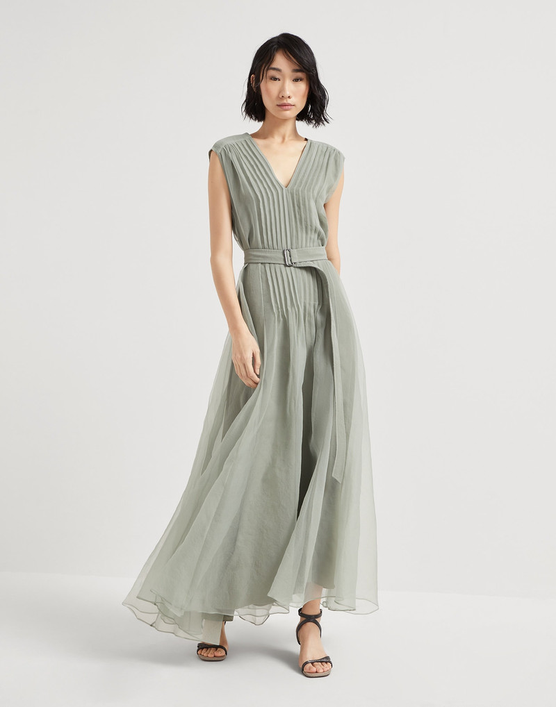 Crispy silk belted dress with pleated detail and precious strap 1