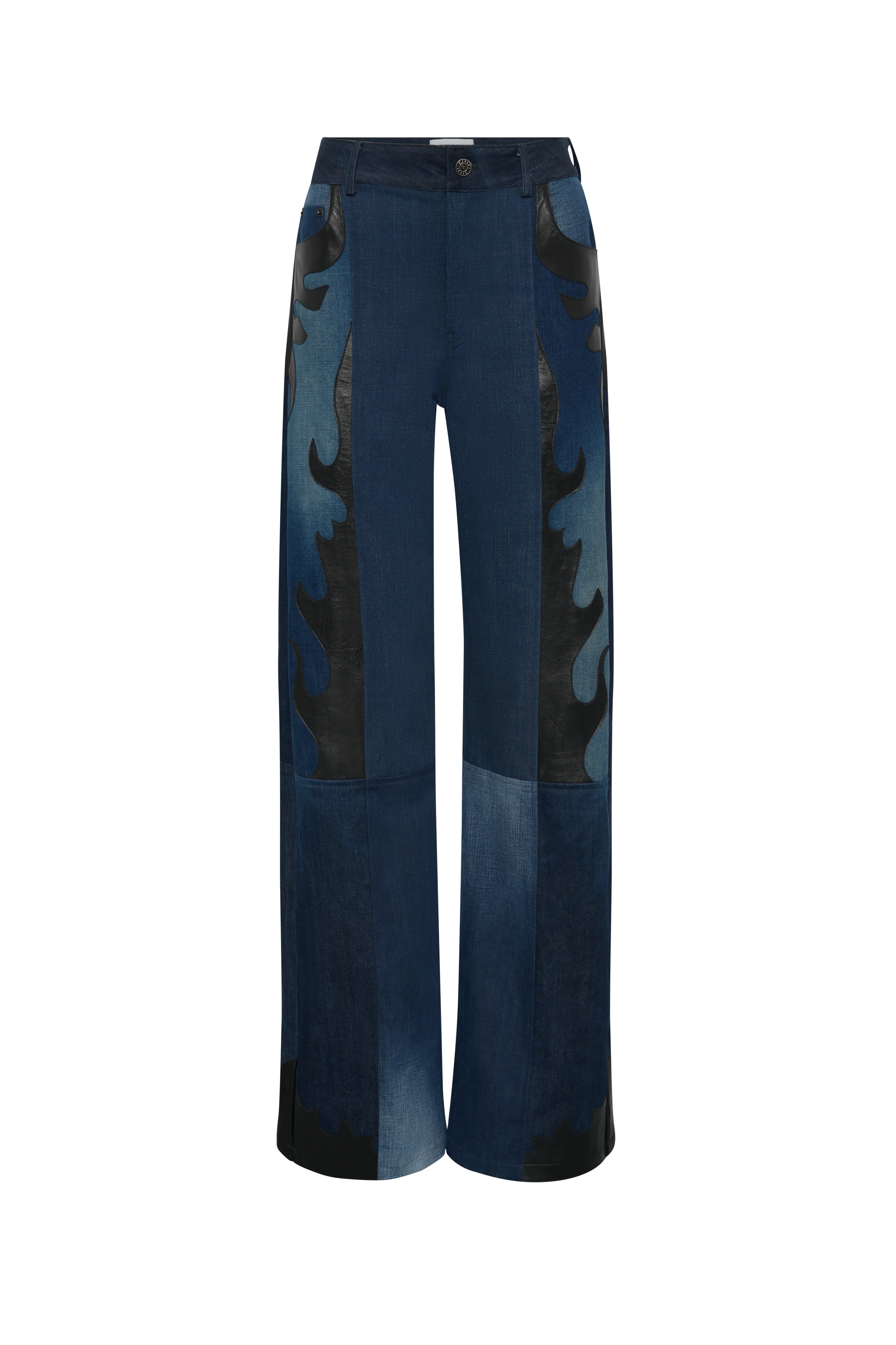 Upcycled denim loose jeans with leather patch - 1