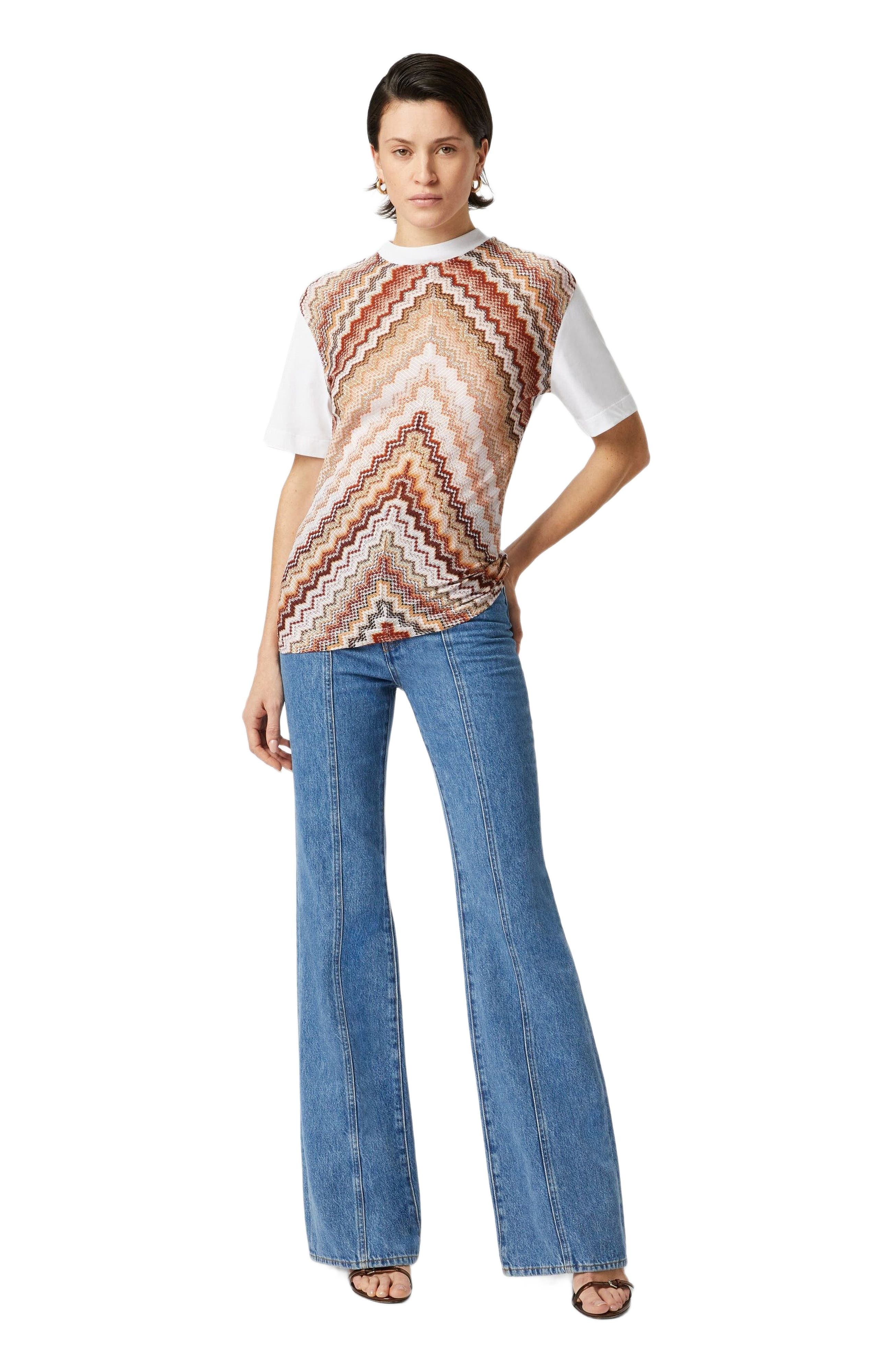 Missoni Crewneck T-shirt With Lamé Zig Zag Knit Insert in White & Beige at Nordstrom - 1
