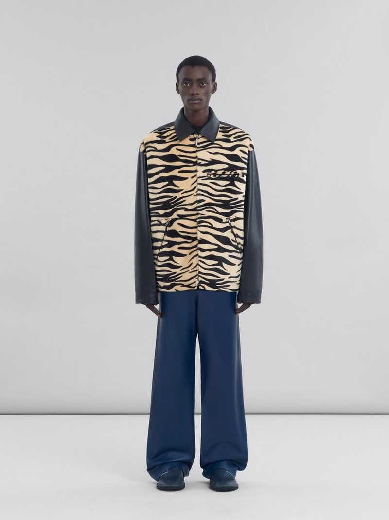 Marni BLACK LEATHER AND TIGER PRINT SHEARLING JACKET outlook