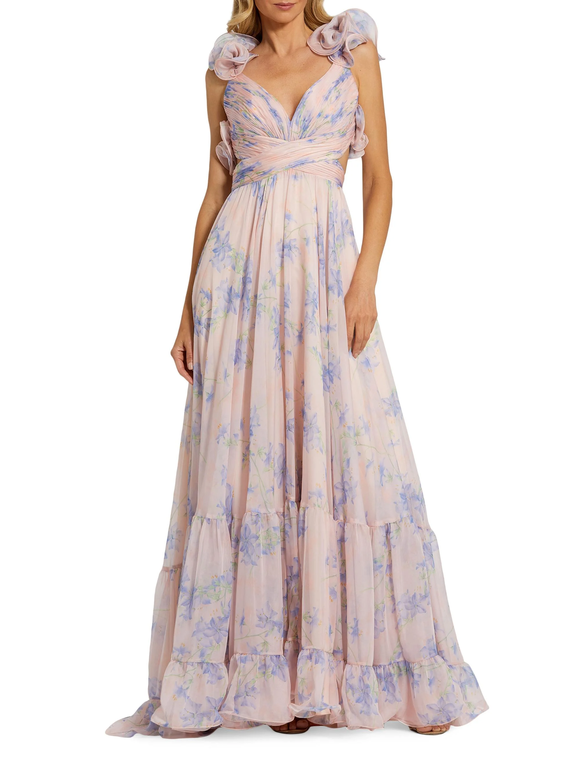 Women's Ruffle Tiered Floral Cut-Out Chiffon Gown - Violet Multi - 1