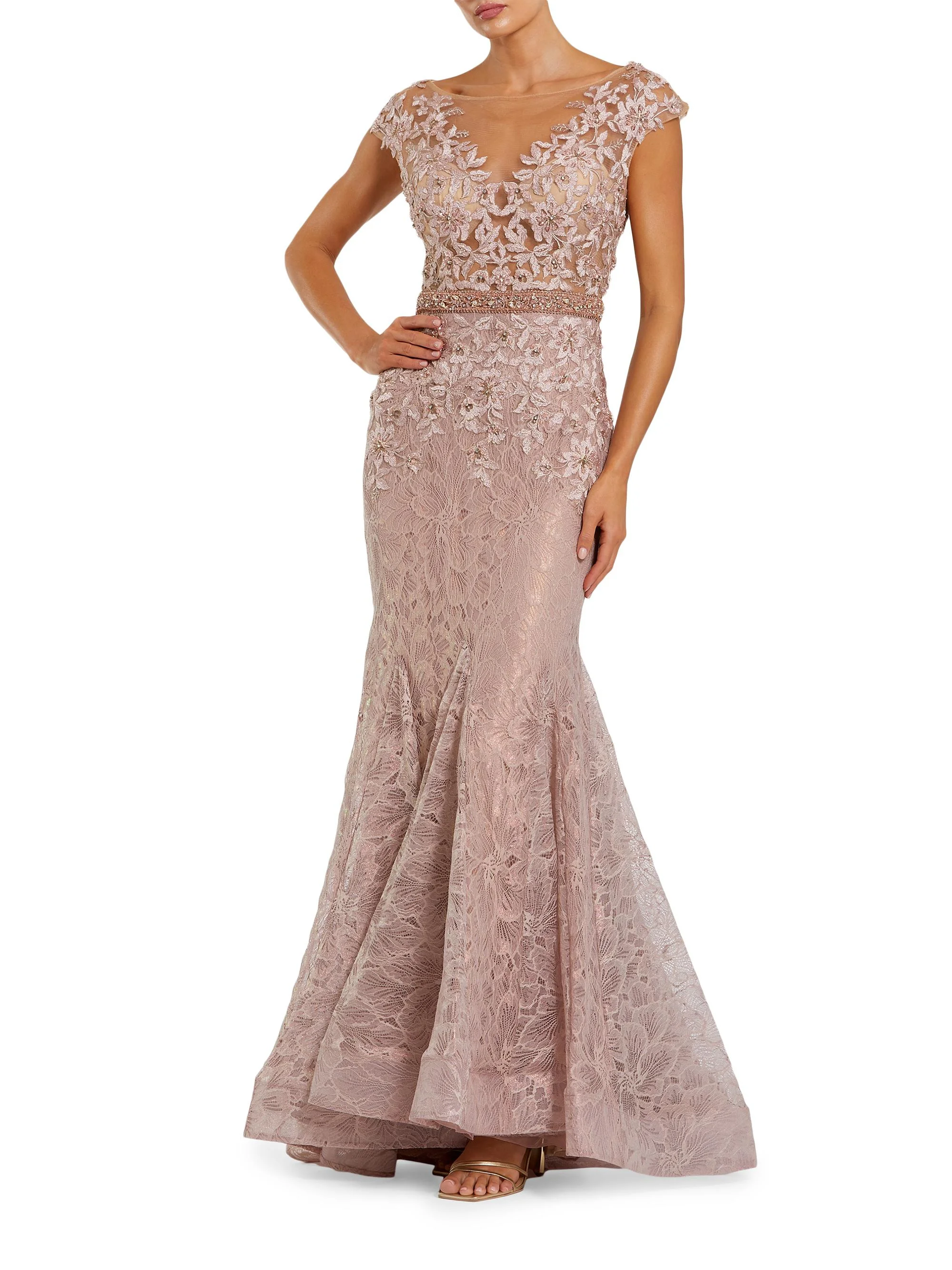 Women's Illusion Beaded Mermaid Gown - Mocha - 1