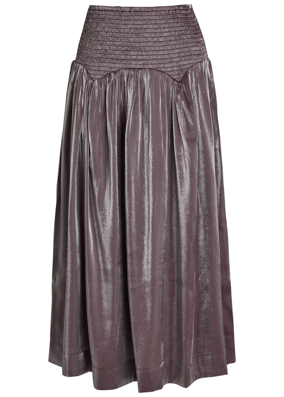 Damson Madder Layla Shirred Pearlescent Satin Midi Ksirt - 1