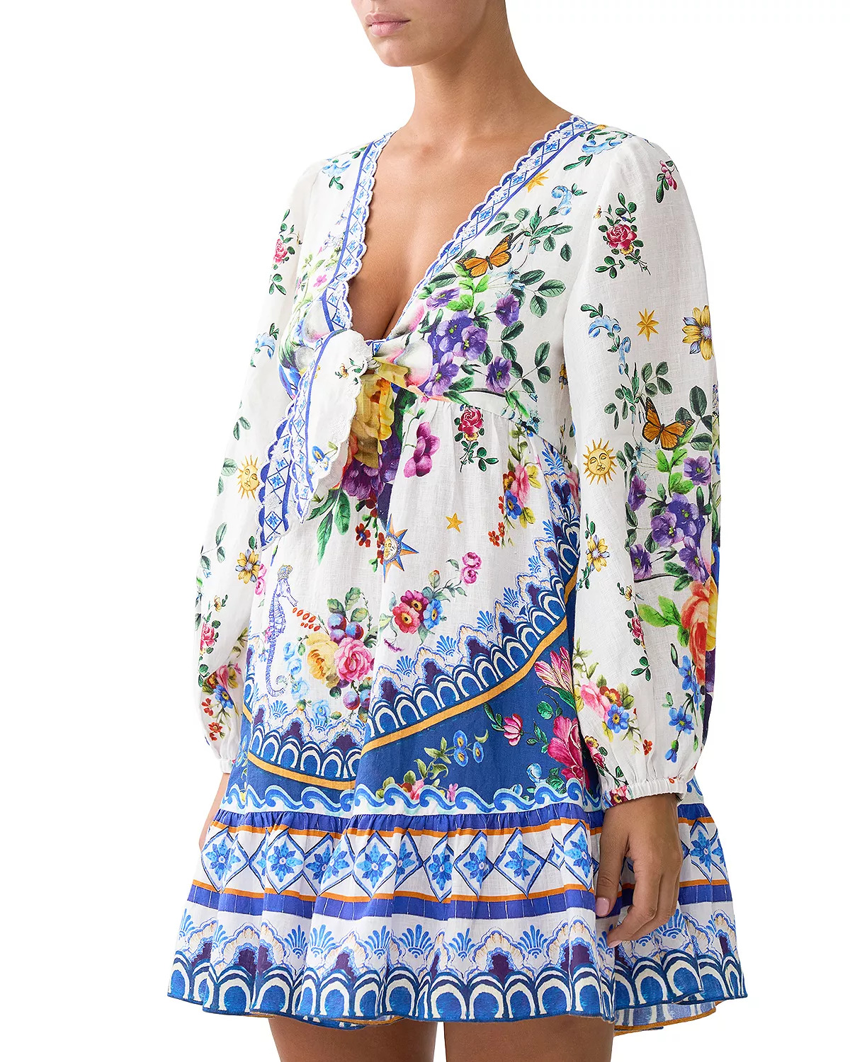 Tie Front Blouson Sleeve Mini Dress - 2