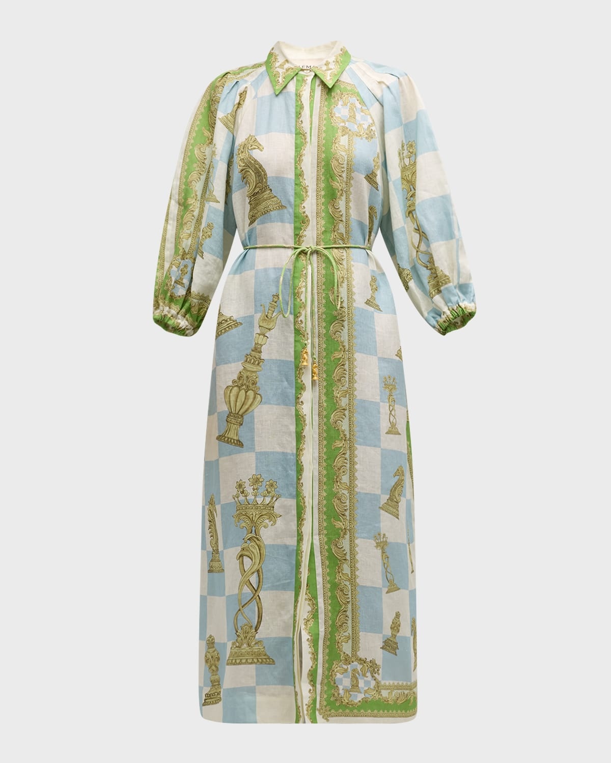 Checkmate Linen Puff-Sleeve Maxi Shirtdress - 1