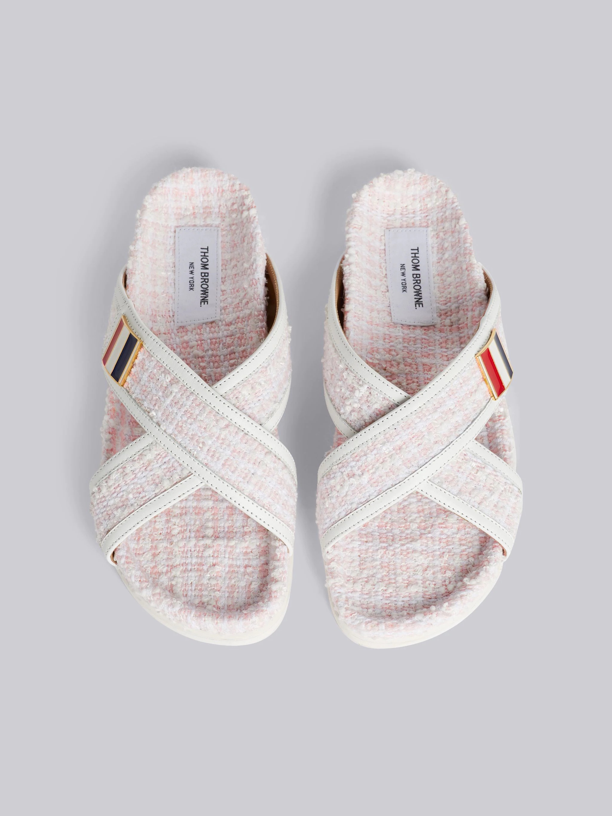 Light Pink Tweed Enamel Buckle Criss Cross Sandal - 4