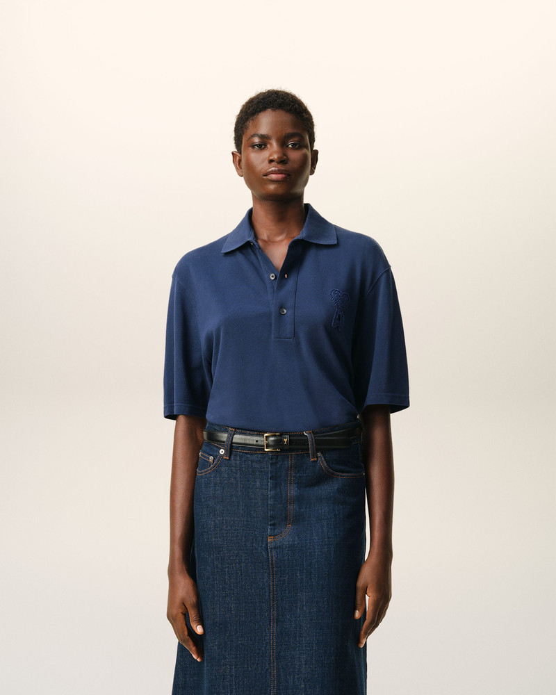 AMI Paris BLUE COTTON AMI DE COEUR KNITTED PATCH POLO outlook