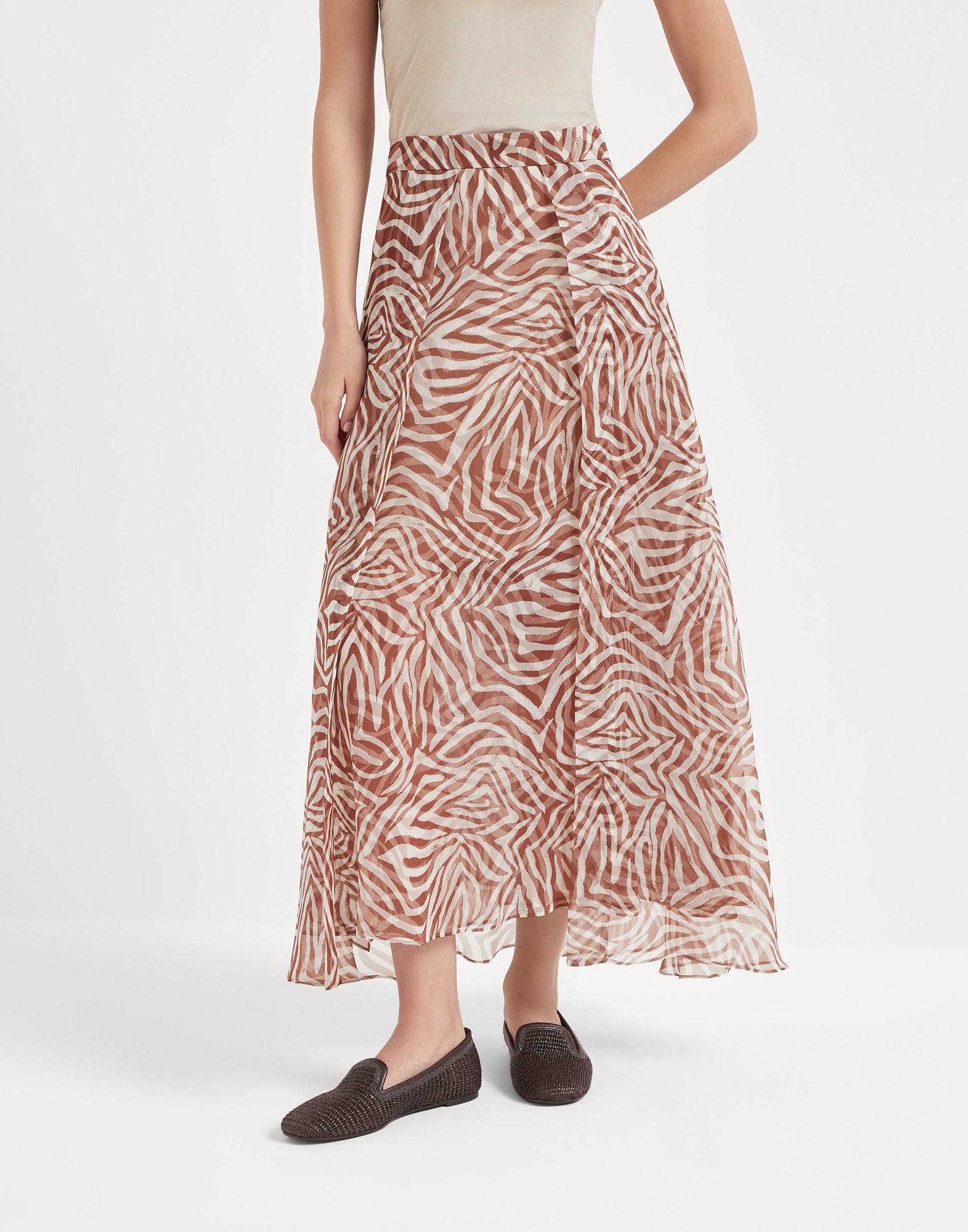 【関税込み】BRUNELLO CUCINELLI PANELED CIRCLE' SKIRT Brunello Cucinelli Silk ethnic print organza paneled circle