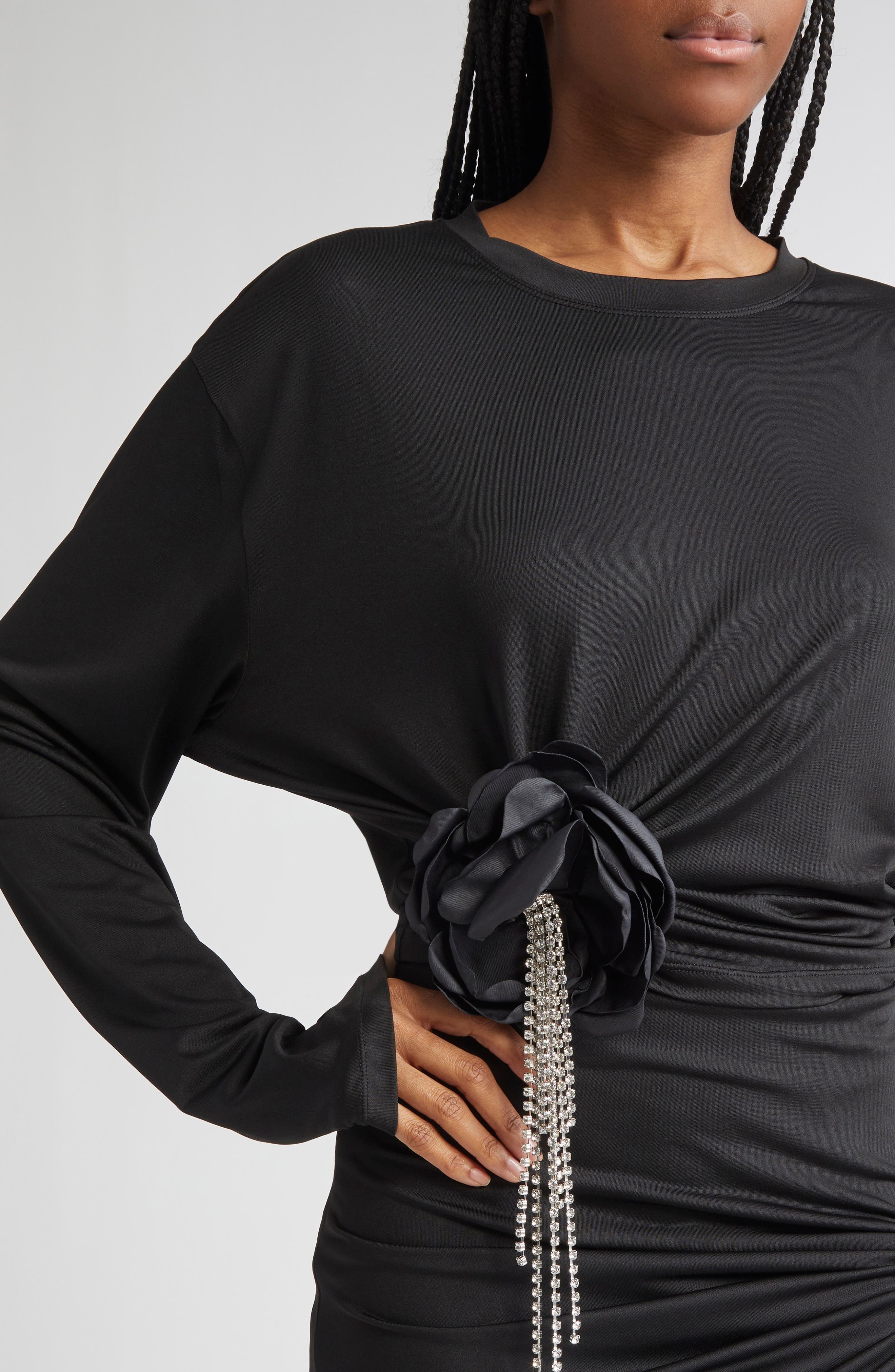 Area Crystal Flower Draped Long Sleeve Crop Top in Black at Nordstrom - 5