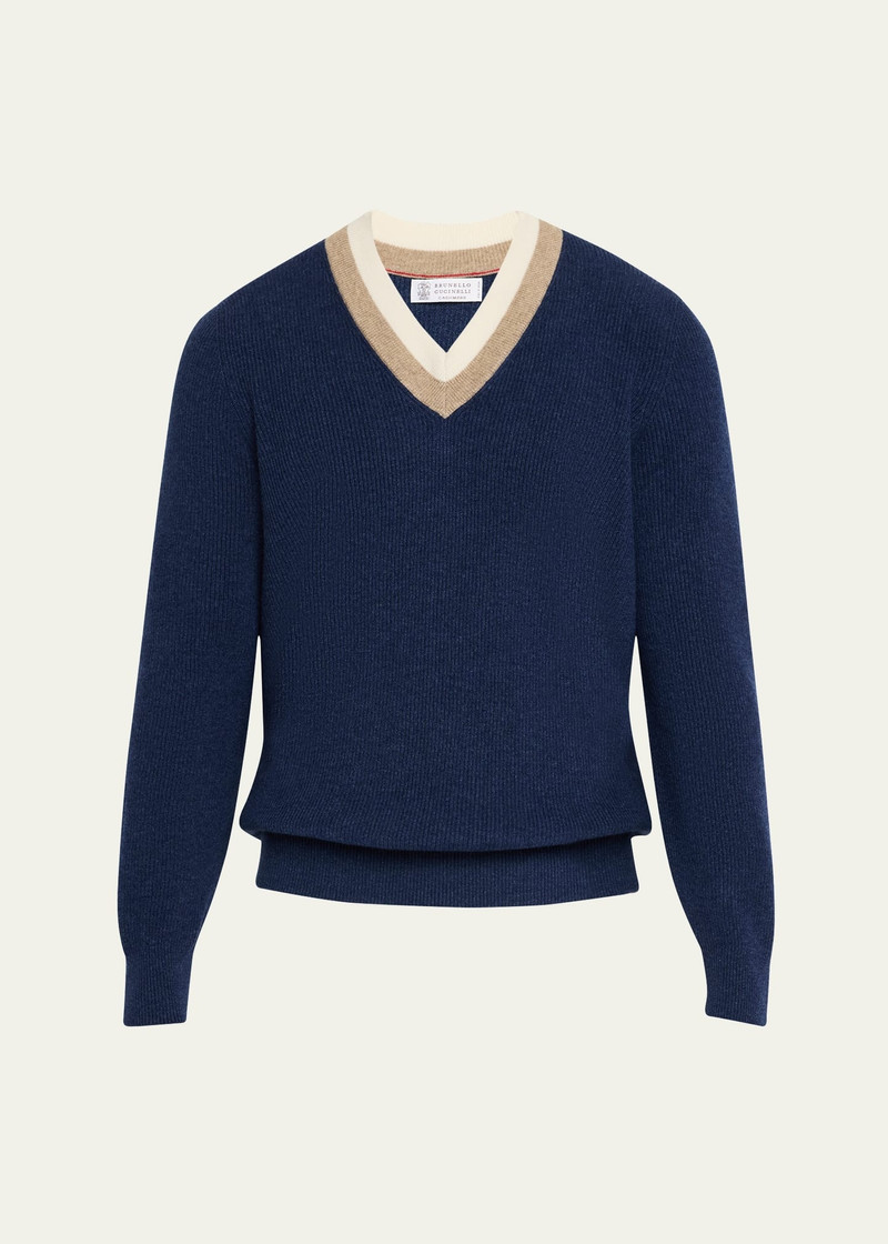 Men's Cashmere Double Varsity Stripe V-Neck Sweater 1