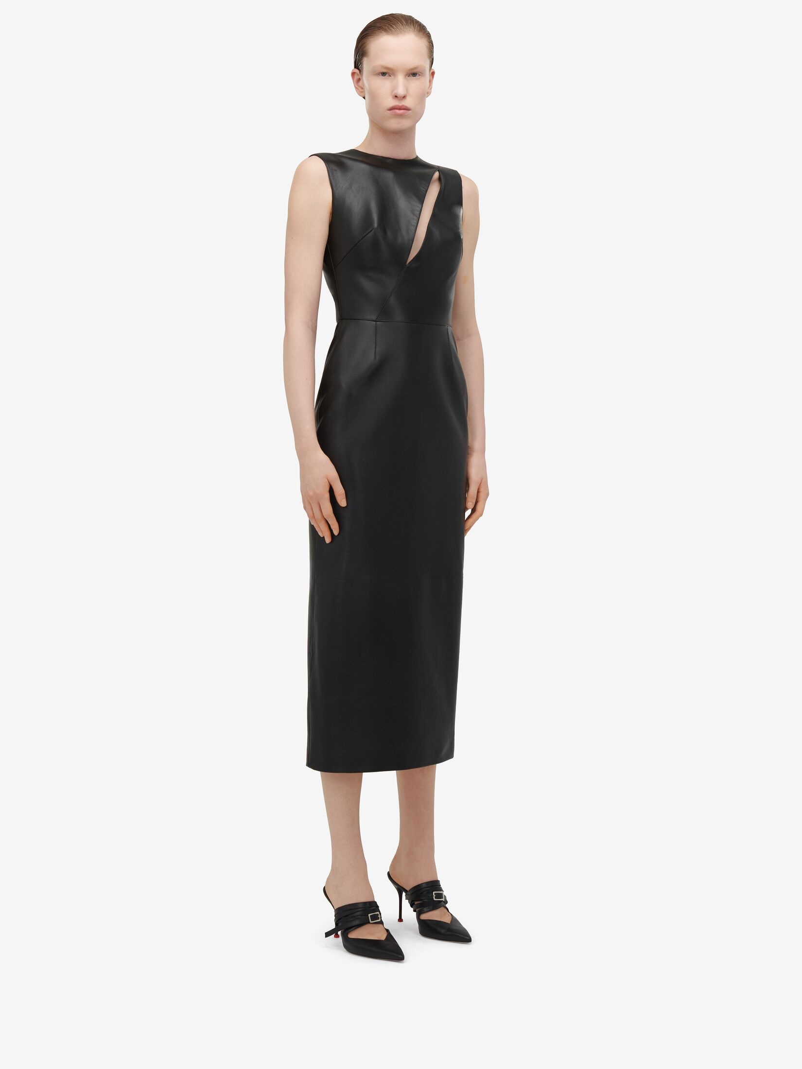 Women's Leather Slashed Pencil Dress in Black - 3