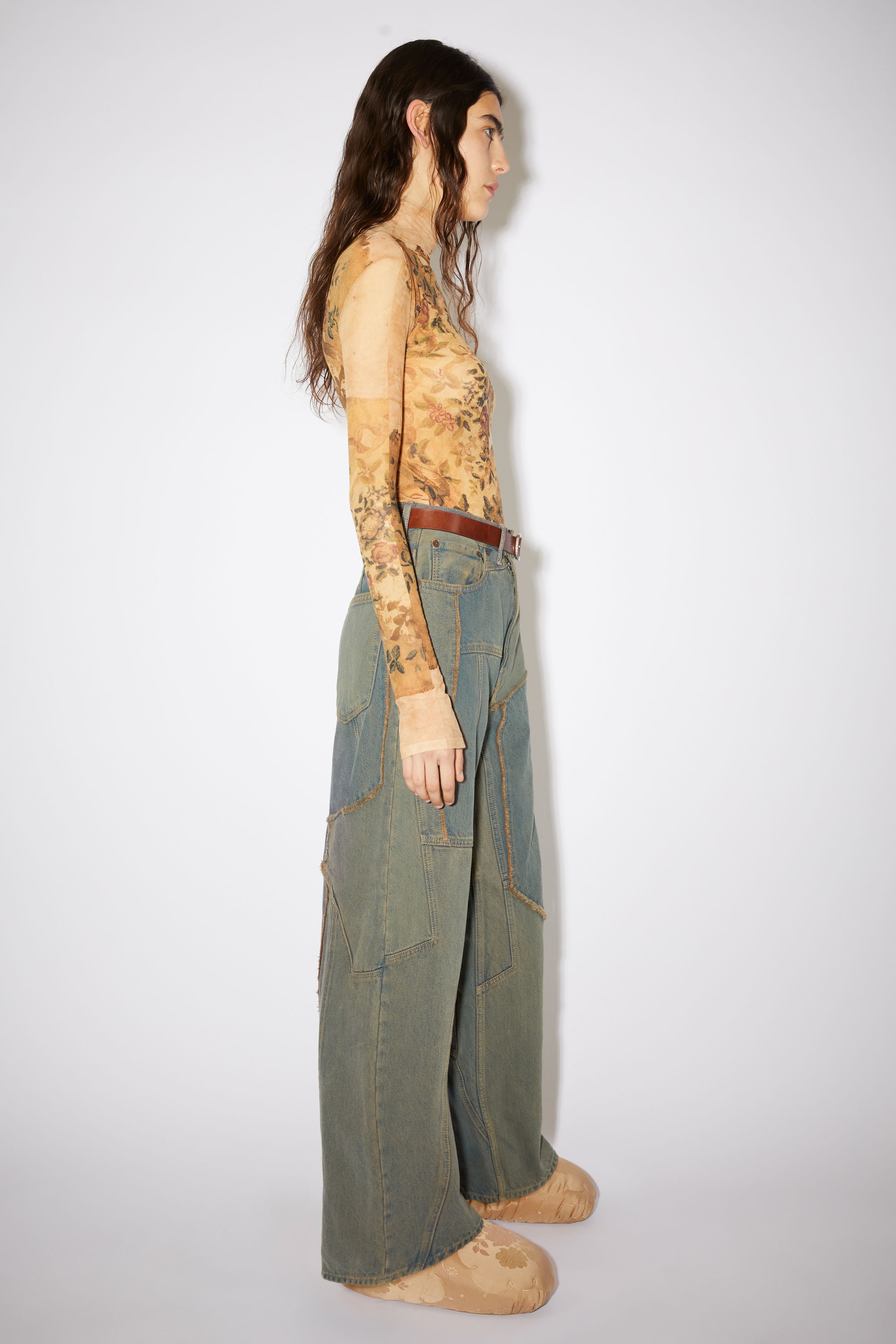 Patchwork wide fit jeans - Dark brown/beige - 4