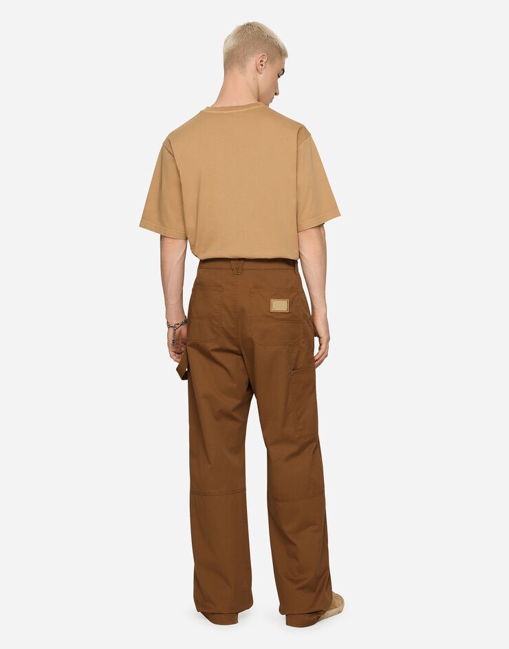 Stretch cotton worker pants with brand plate - 3