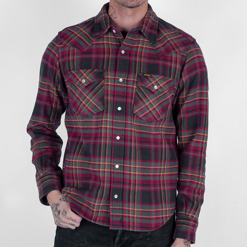 Iron Heart IHSH-403-GRY 11oz Ultra Heavy Flannel Line Check Western Shirt - Grey outlook