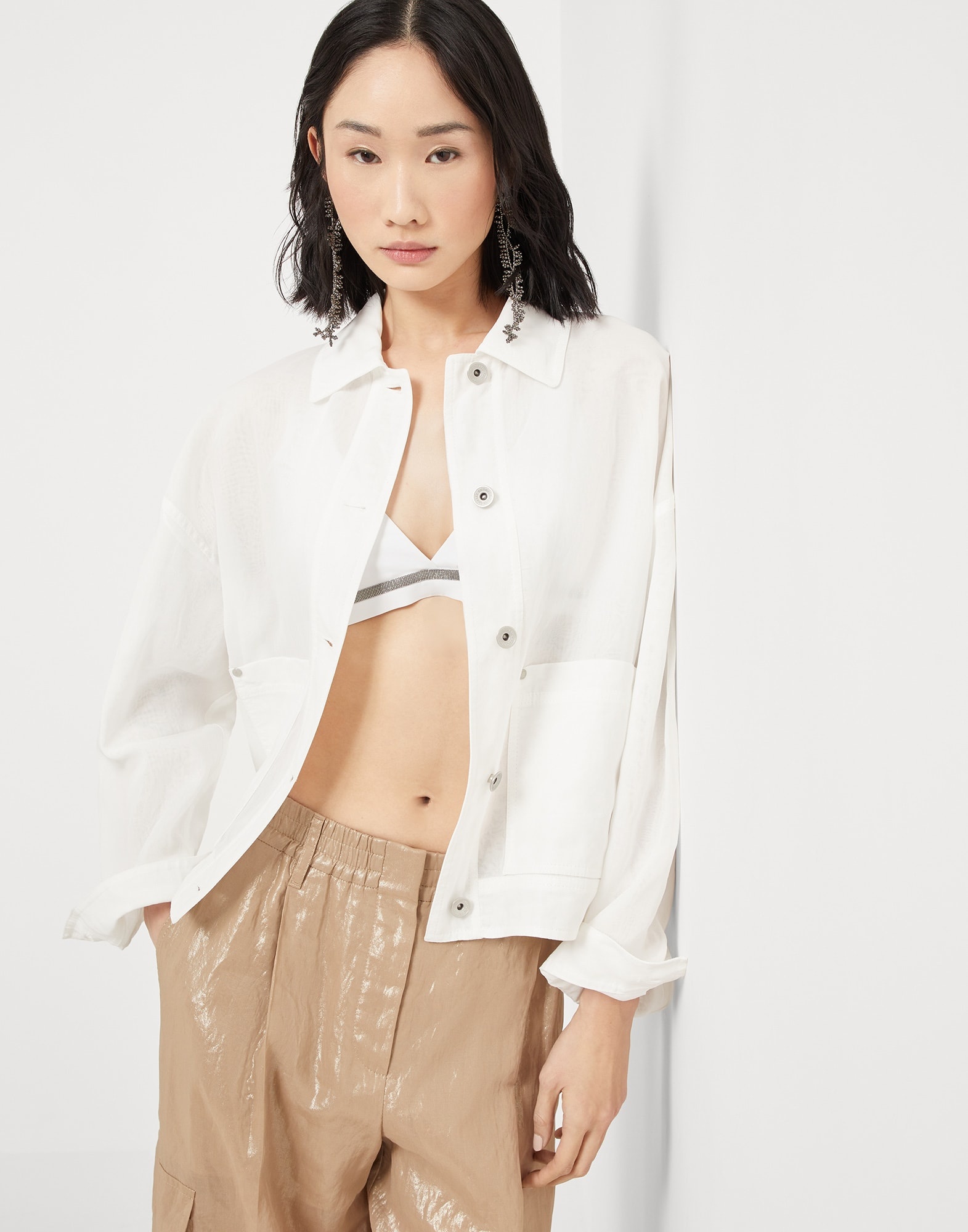 Cotton organza outerwear jacket with monili - 4