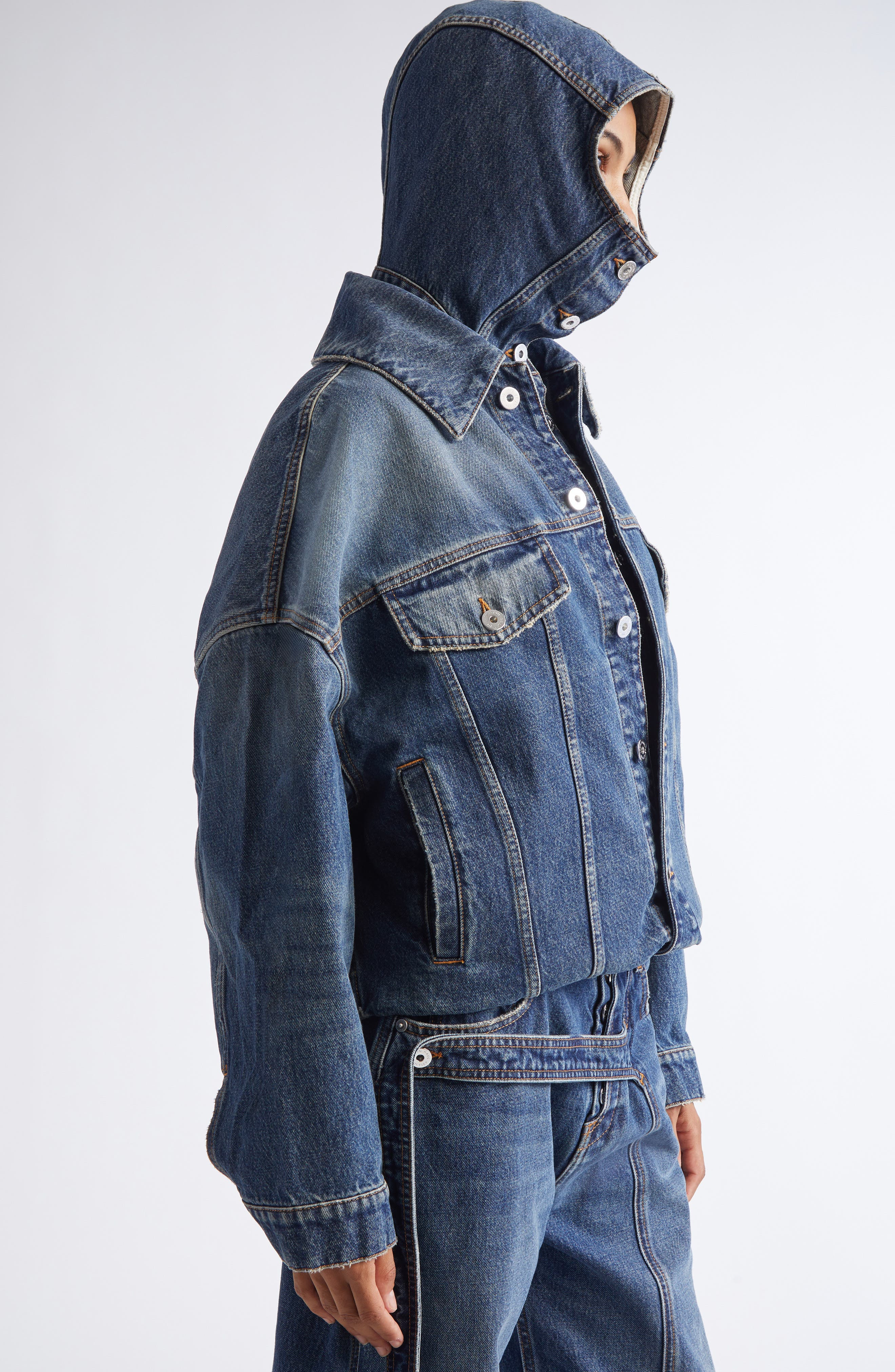 Jean Paul Gaultier Hooded Double Layer Denim Jacket in Vintage Blue at Nordstrom - 3