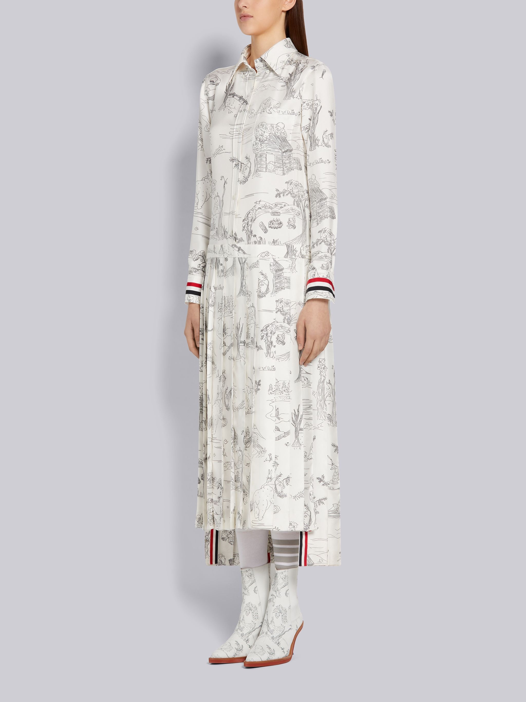 White Silk Twill Animal Camp Toile Grosgrain Cuff Dropped Back Pleated Bottom Below-the-Knee Shirtdr - 2