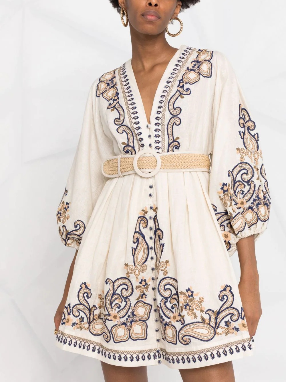 paisley-embroidered belted dress - 5