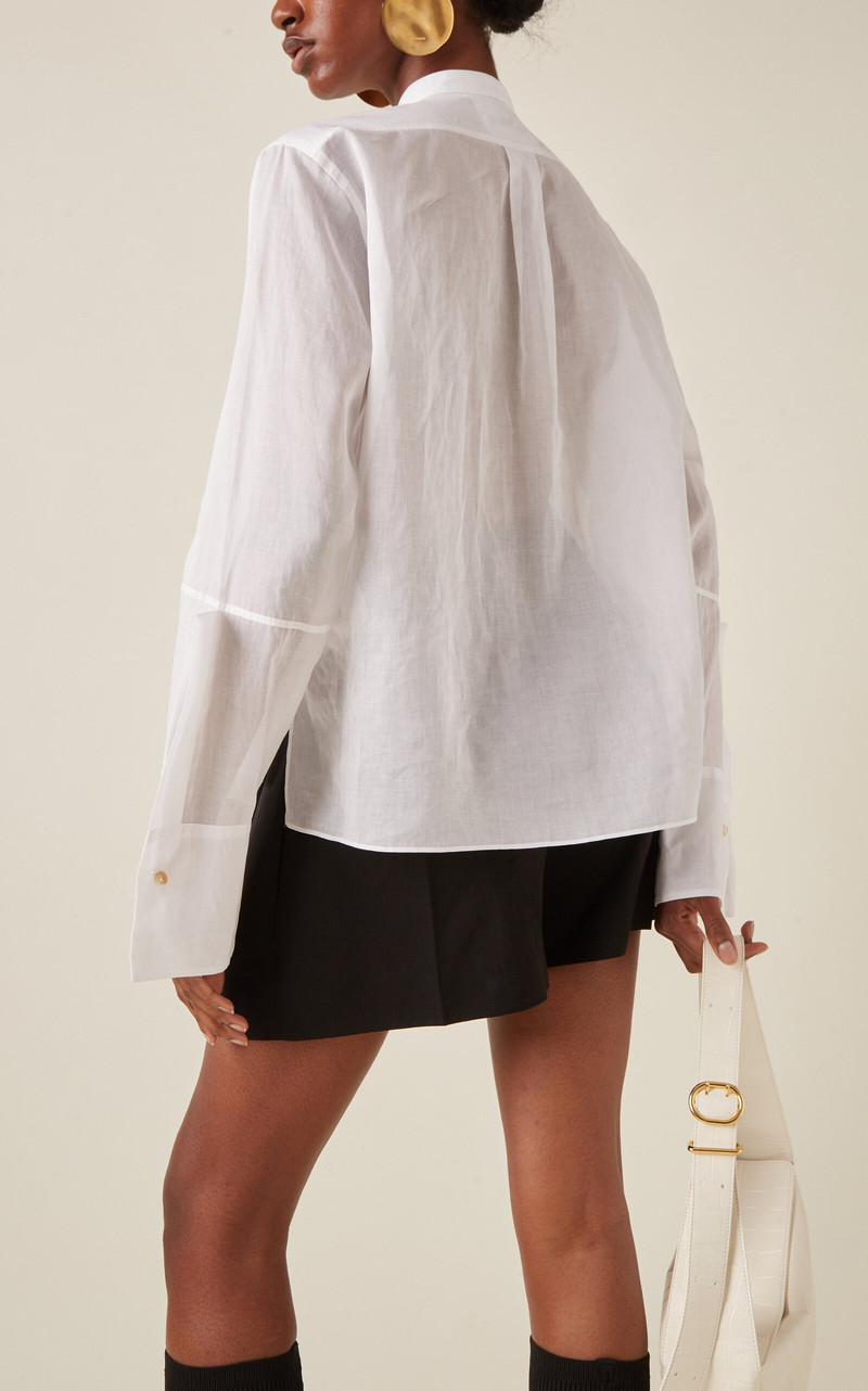 Collarless Cotton Button-Down Shirt white 4