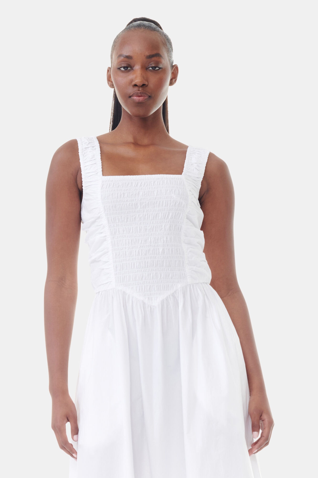 WHITE COTTON POPLIN MIDI STRAP SMOCK DRESS - 3