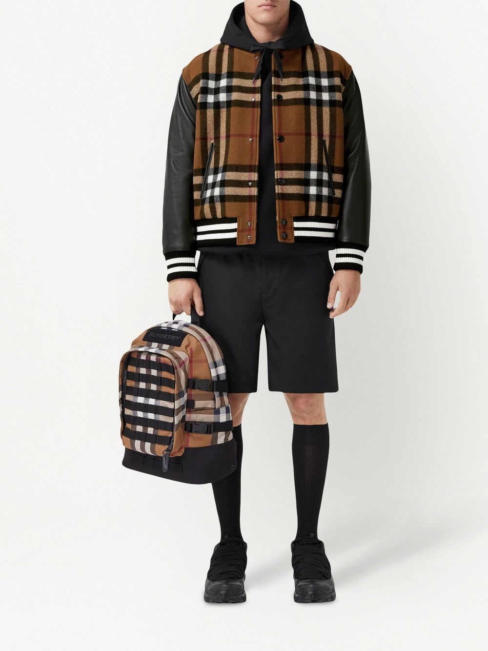 checked leather-sleeve bomber jacket - 2
