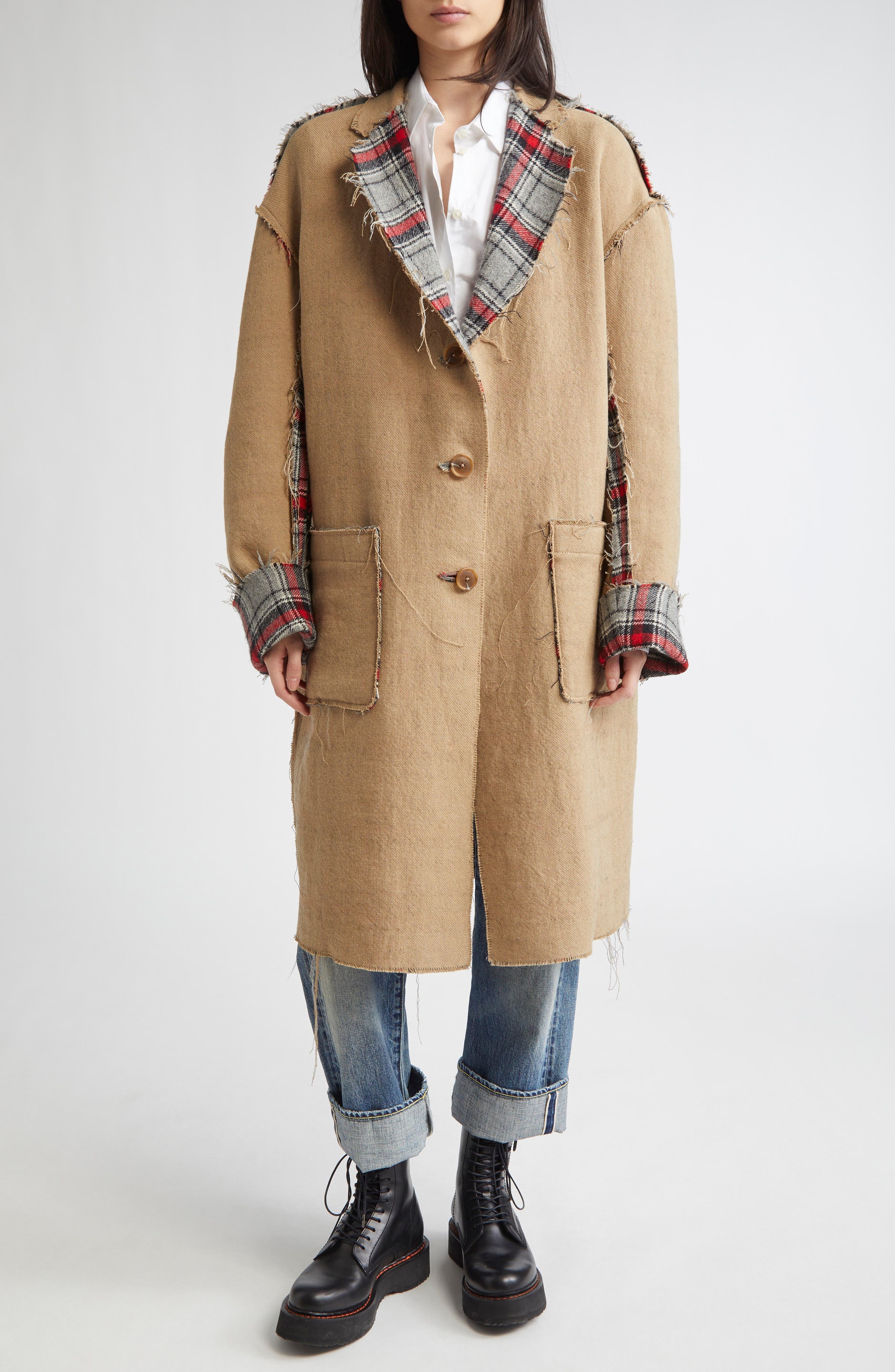 R13 Reversible Raw Cut Cotton & Virgin Wool Coat in Red/Grey Plaid at Nordstrom - 3