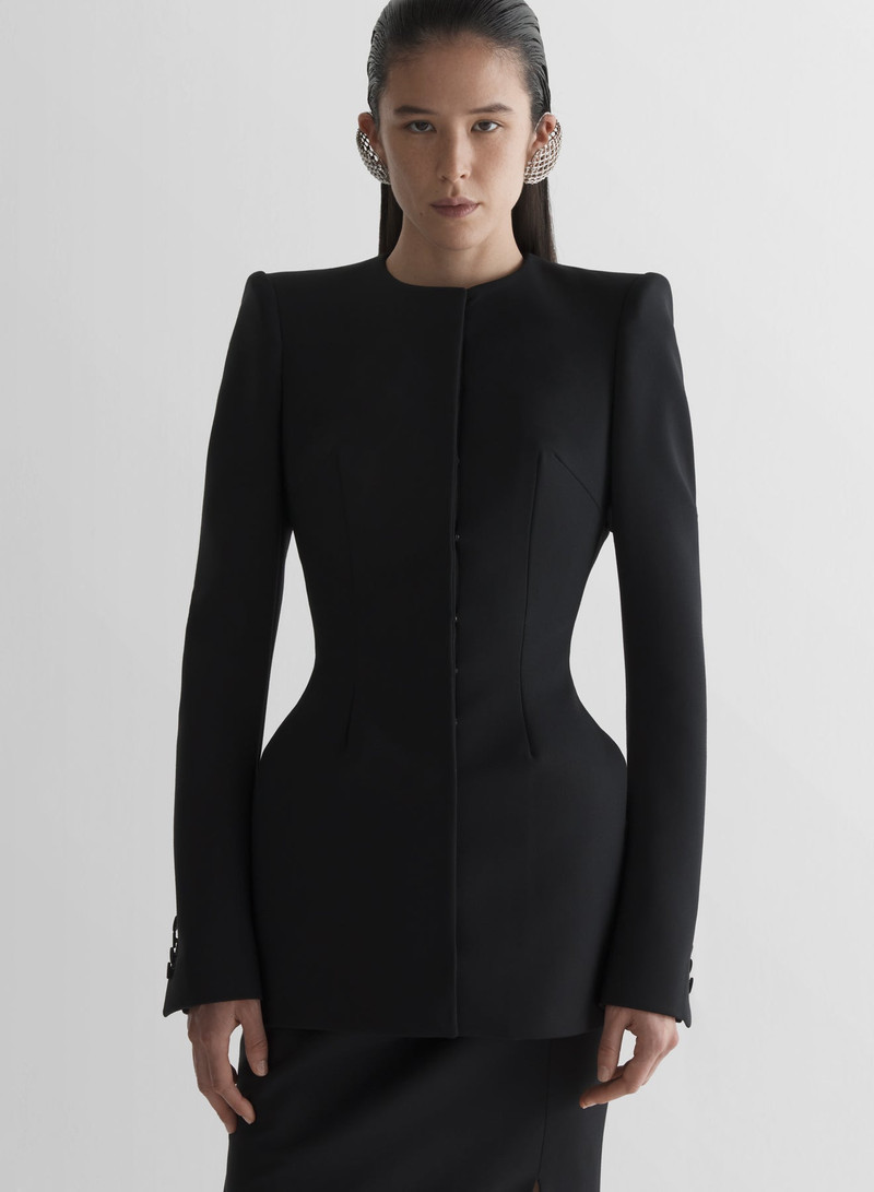 Collarless hourglass jacket 1
