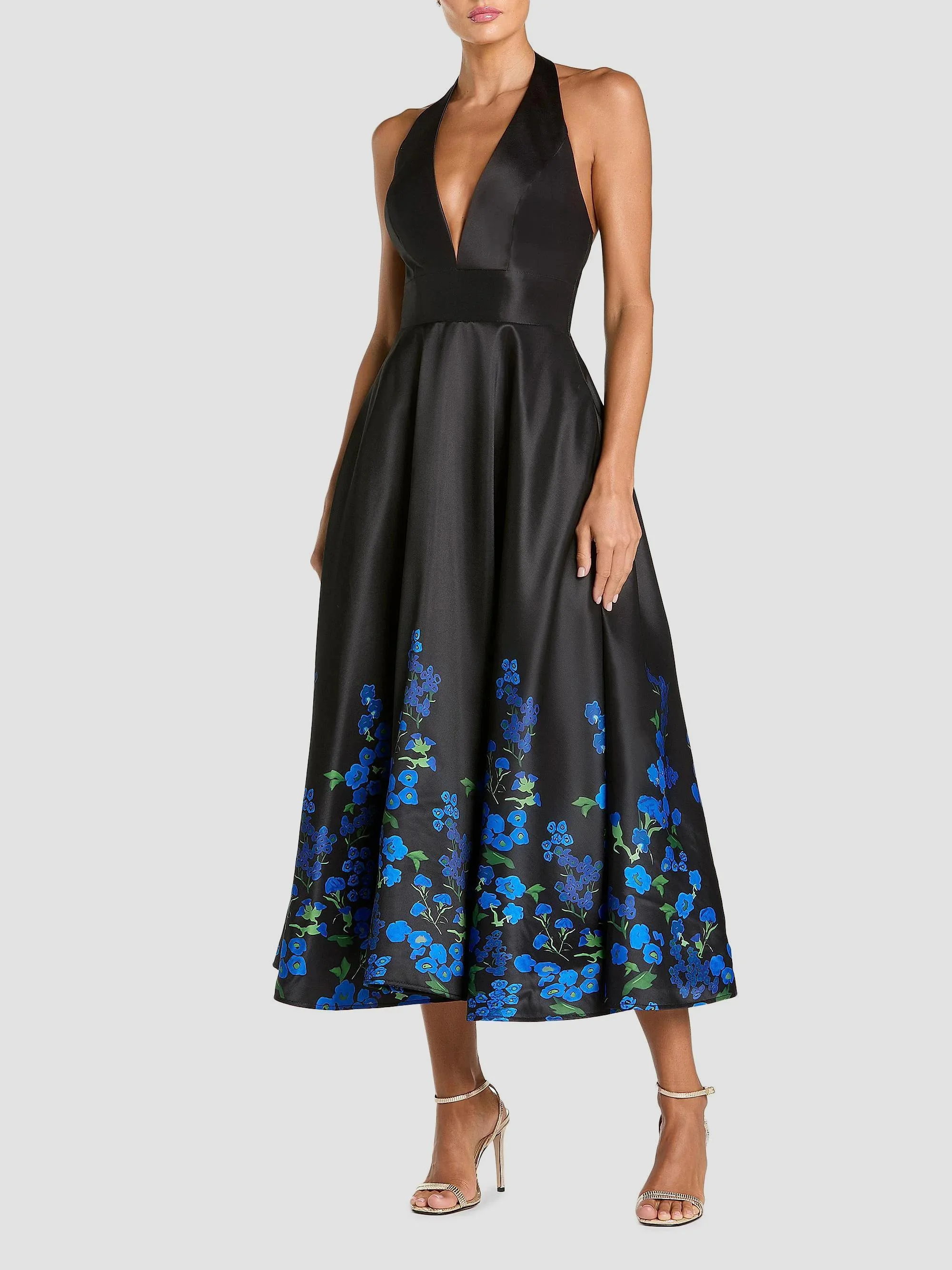 Women's Floral Satin Halterneck Midi-Dress - Black Multi - 1