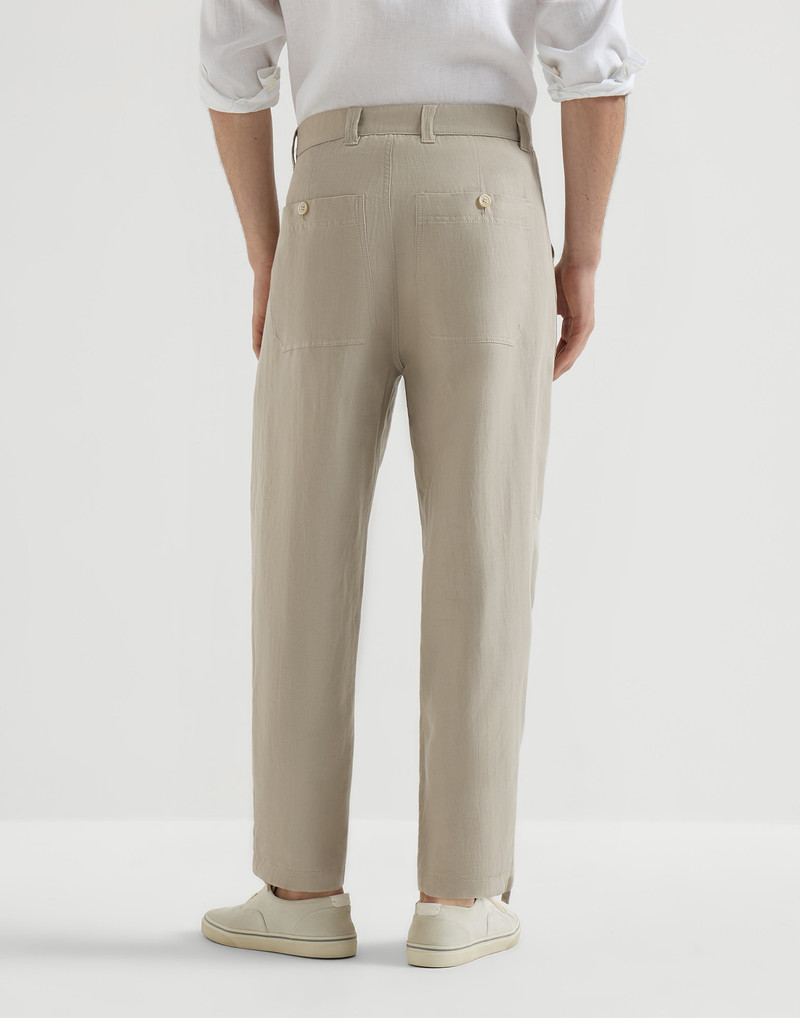 Linen and cotton drill trousers with patch pockets and drawstring 3