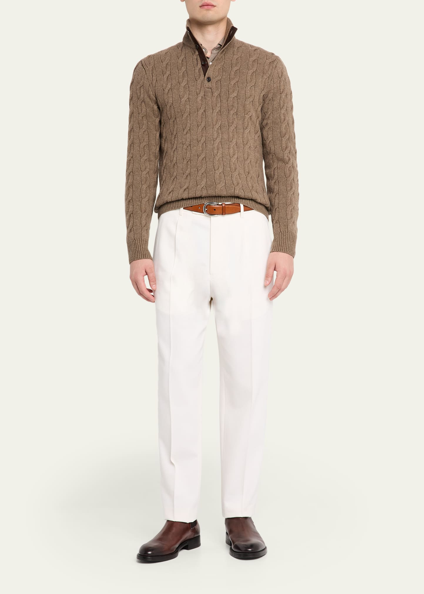 Men's Cashmere Cable Knit Half-Placket Mock Neck Sweater - 2