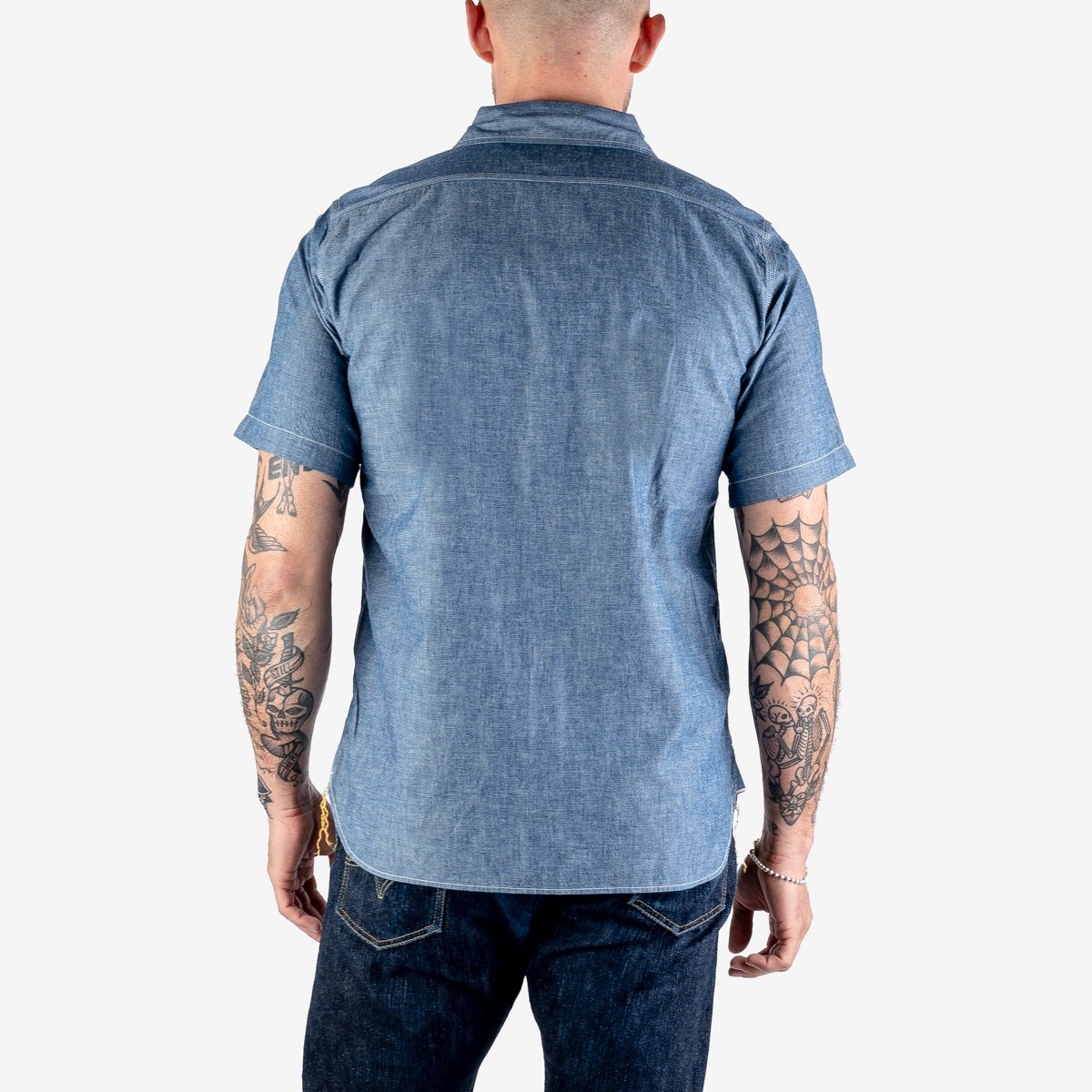 IHSH-285-IND 5.5oz Selvedge Chambray Short Sleeved Work Shirt - Indigo - 3