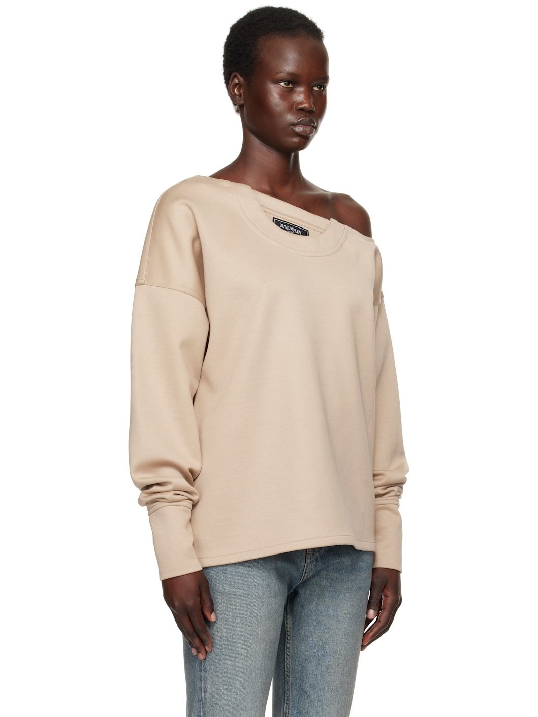 Beige Asymmetrical Jersey Off-The-Shoulder Sweatshirt - 2