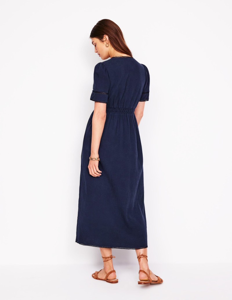 Trim Double Cloth Dress-Navy 4