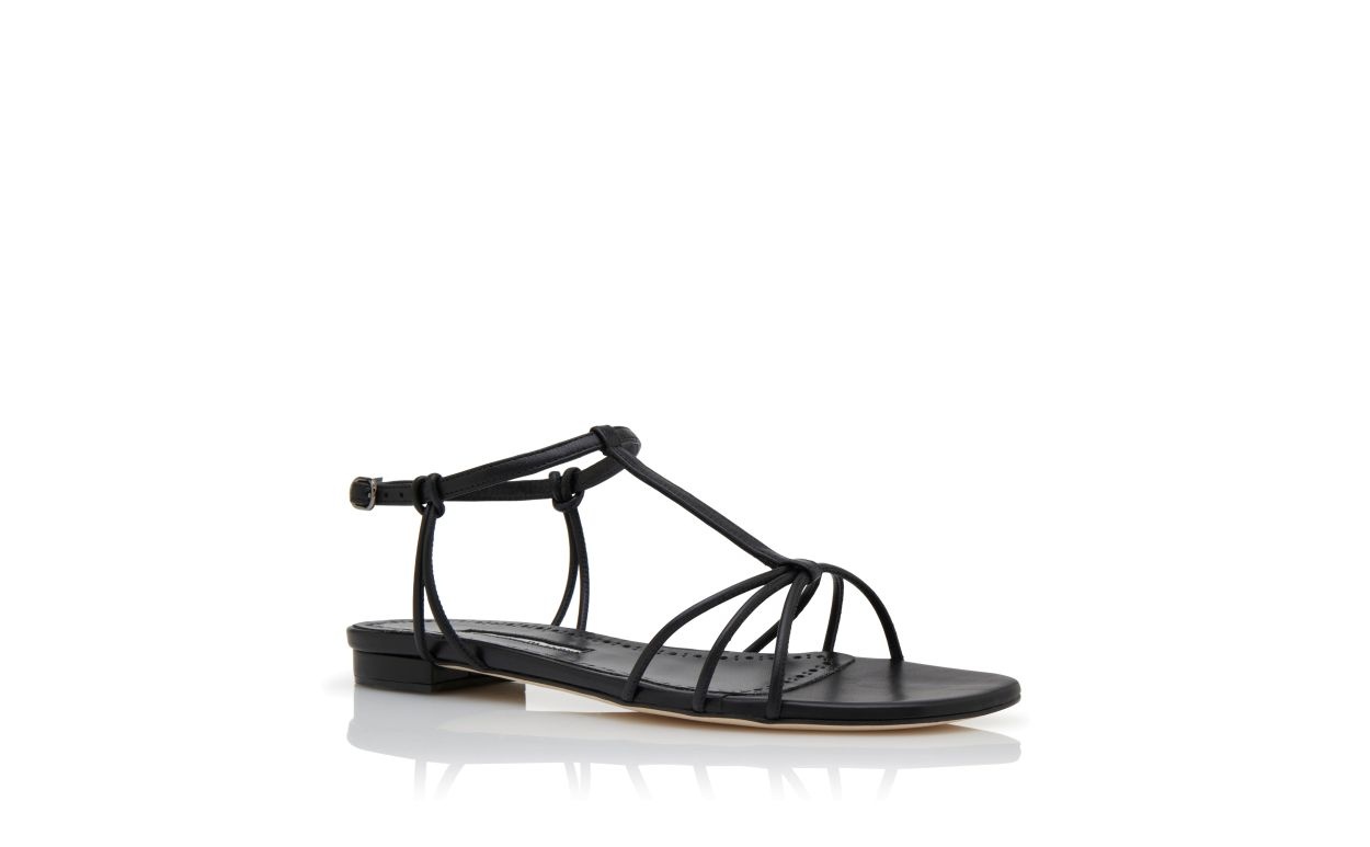 Black Nappa Leather Ankle Strap Flat Sandals - 3
