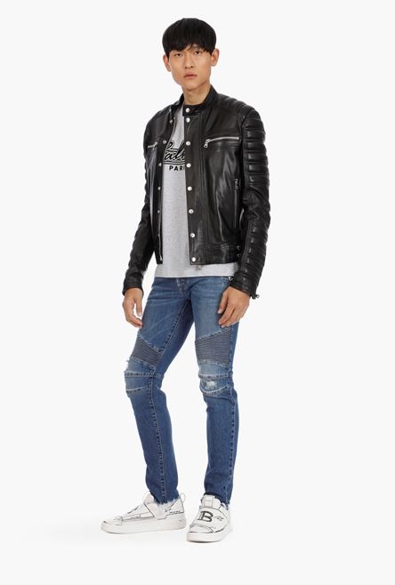 Black leather biker jacket with embossed Balmain logo - 2