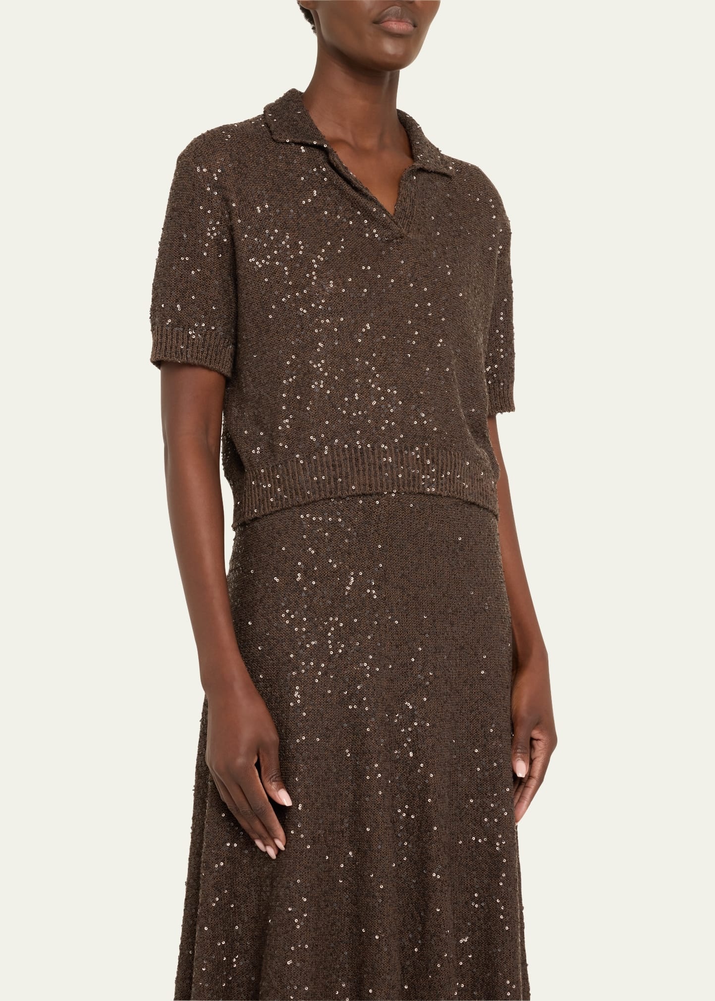 Sequined Cashmere Cropped Polo Sweater - 4